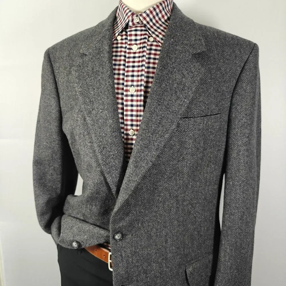 John Alexander‎ Hart Marx Men's Tweed Sport Coat Two Button Gray Herringbone 44L